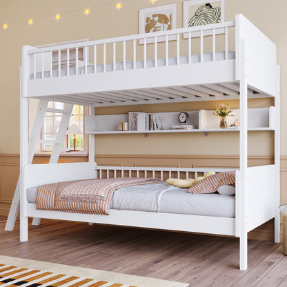 Twin Size Bunk Bed with Storage Shelves - White Solid Wood for Bedroom