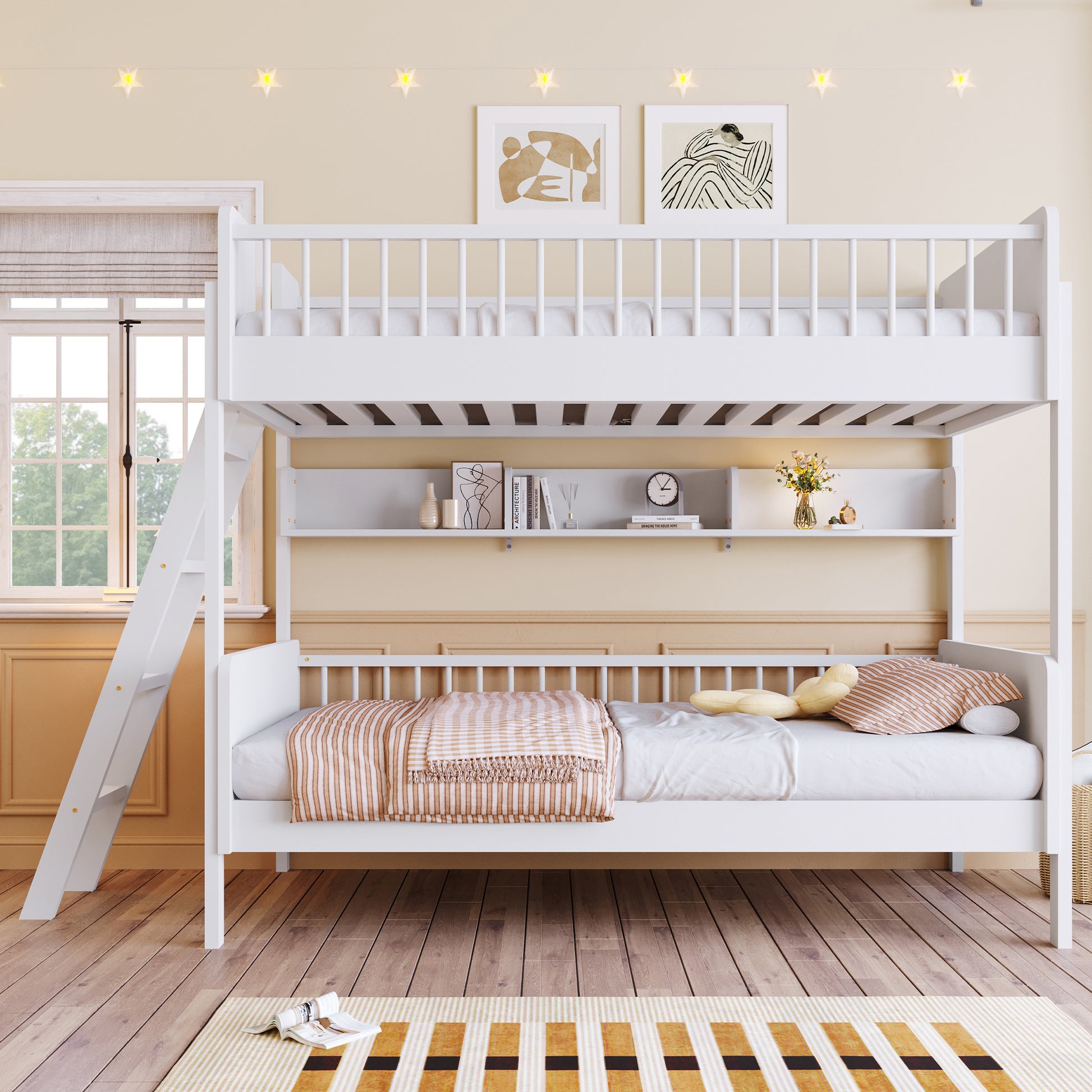 Twin Size Bunk Bed with Storage Shelves - White Solid Wood for Bedroom