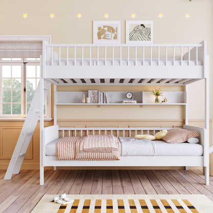Twin Size Bunk Bed with Storage Shelves - White Solid Wood for Bedroom
