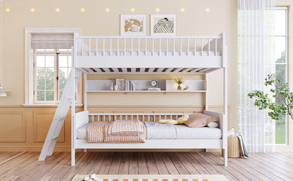 Twin Size Bunk Bed with Storage Shelves - White Solid Wood for Bedroom