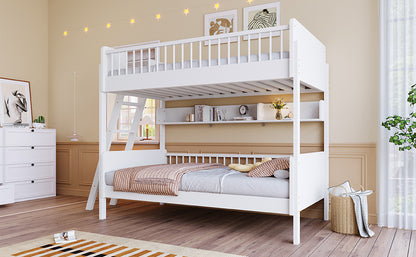 Twin Size Bunk Bed with Storage Shelves - White Solid Wood for Bedroom