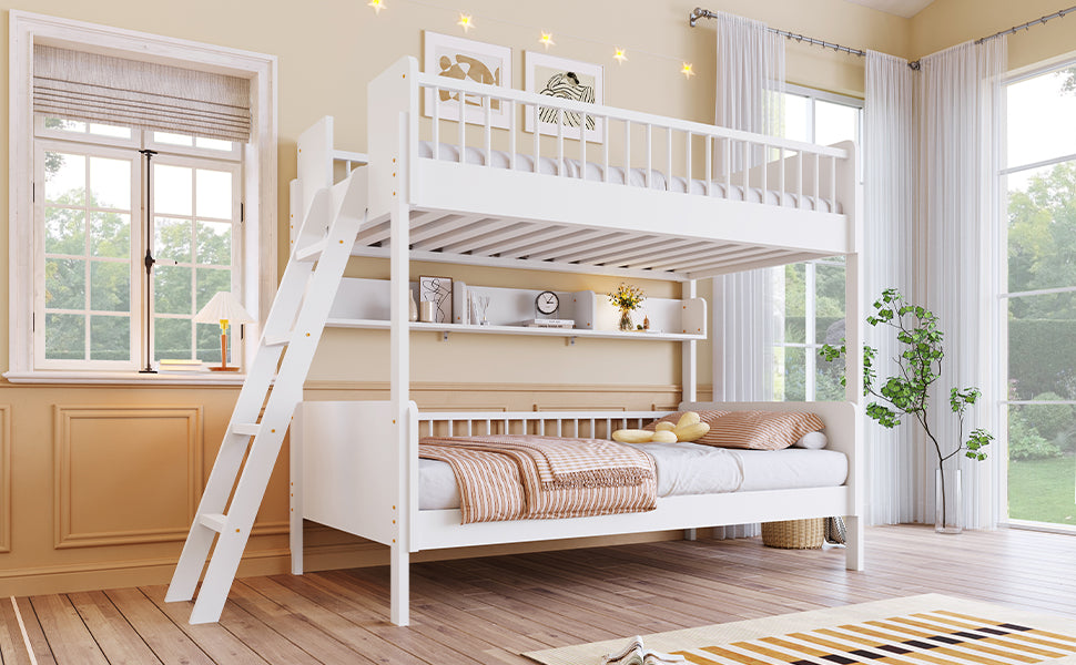Twin Size Bunk Bed with Storage Shelves - White Solid Wood for Bedroom