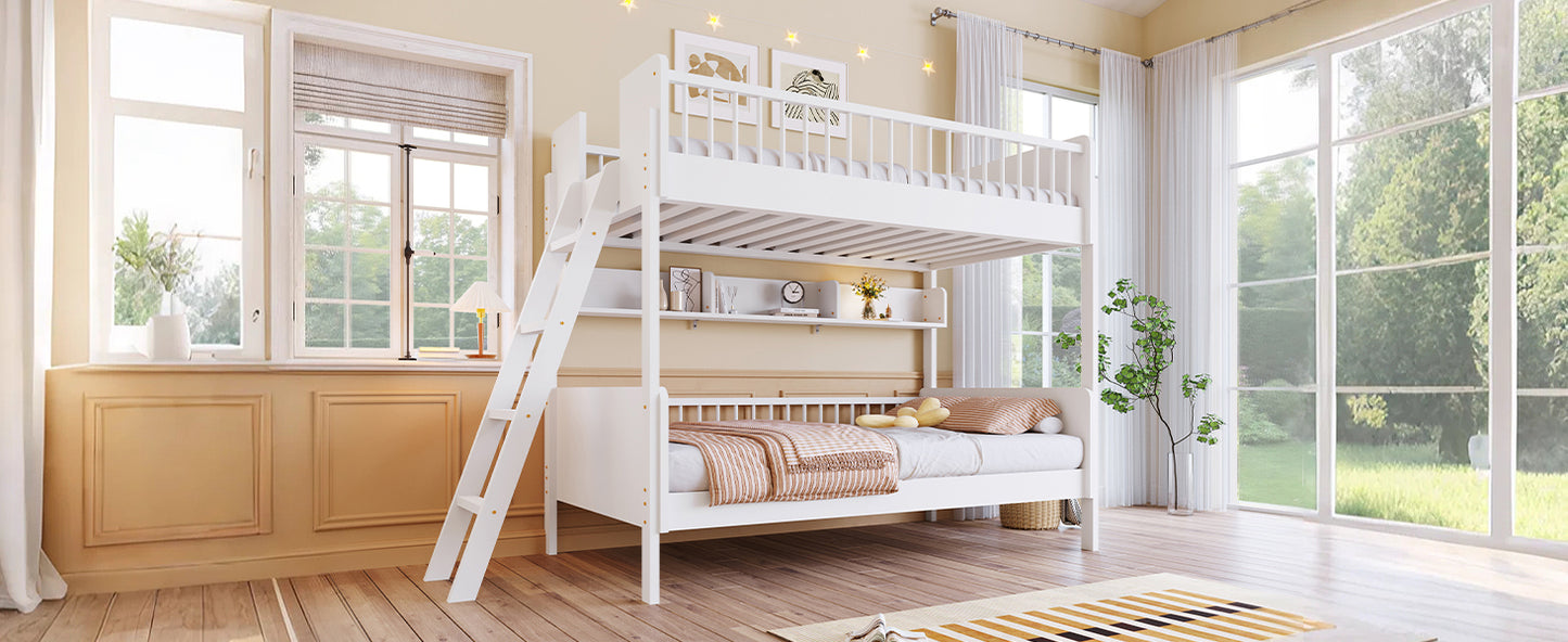 Twin Size Bunk Bed with Storage Shelves - White Solid Wood for Bedroom