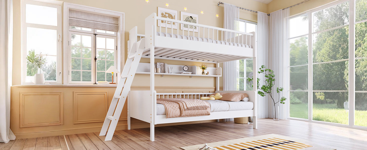 Twin Size Bunk Bed with Storage Shelves - White Solid Wood for Bedroom