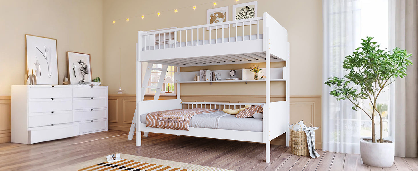 Twin Size Bunk Bed with Storage Shelves - White Solid Wood for Bedroom