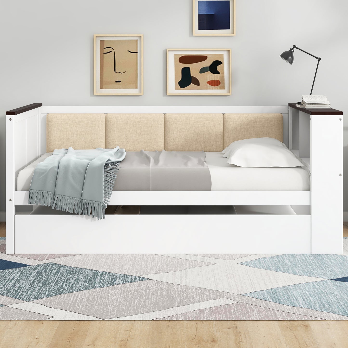 Twin Size Wood Daybed with Storage Shelves White