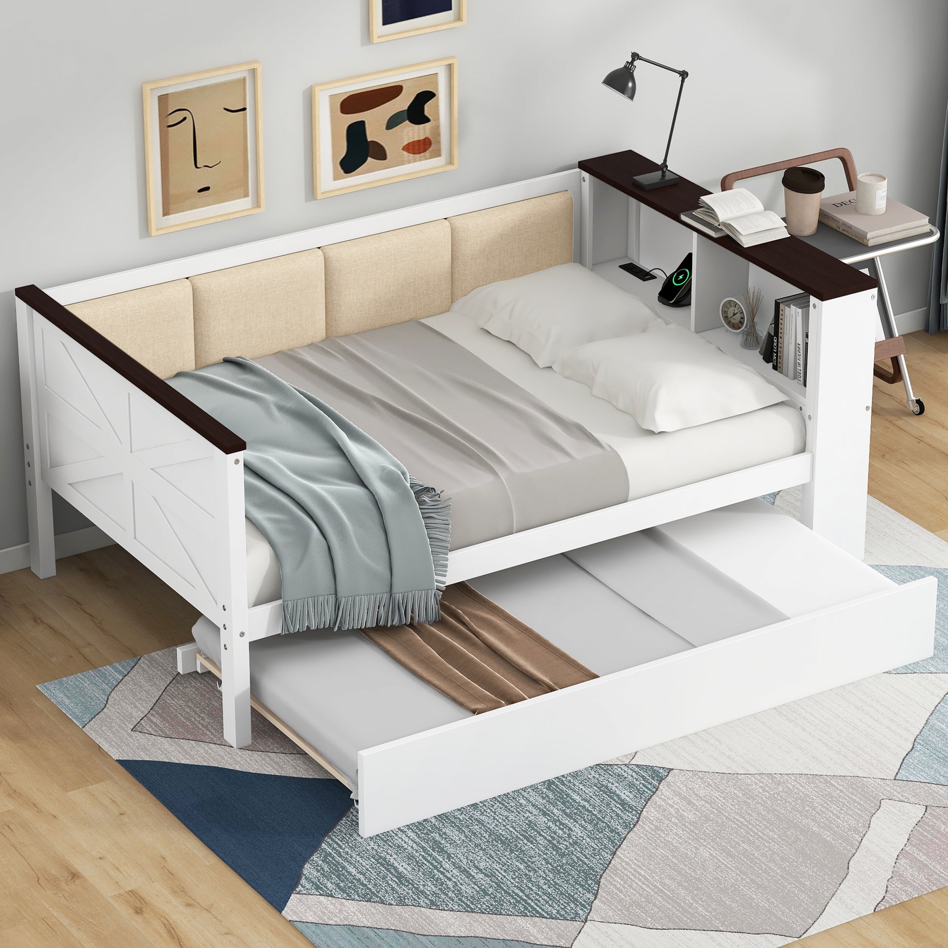 Twin Size Wood Daybed with Storage Shelves White