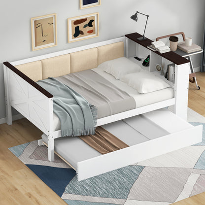 Twin Size Wood Daybed with Storage Shelves White