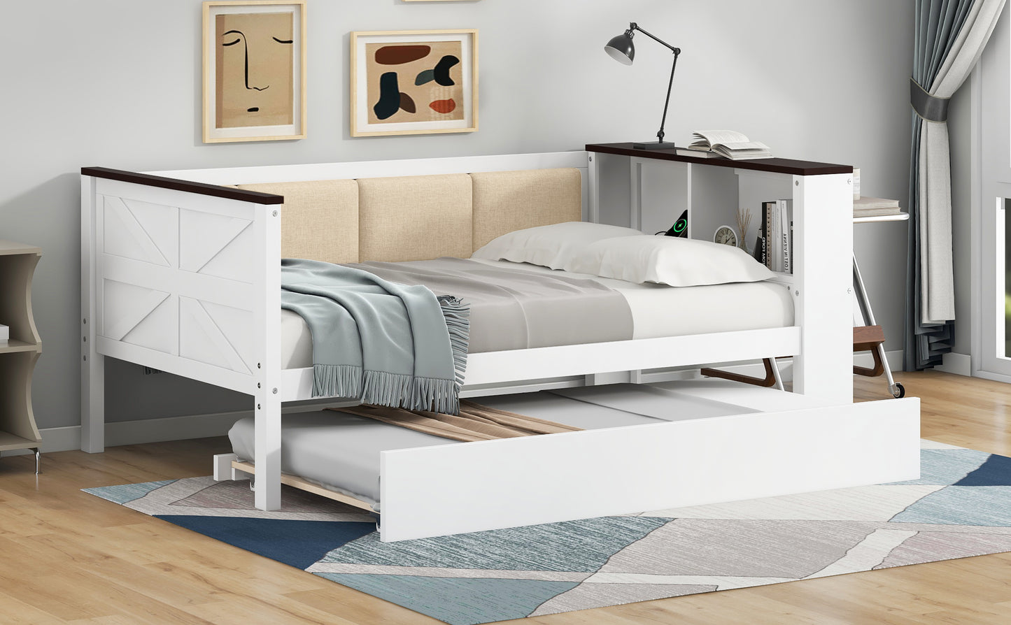 Twin Size Wood Daybed with Storage Shelves White