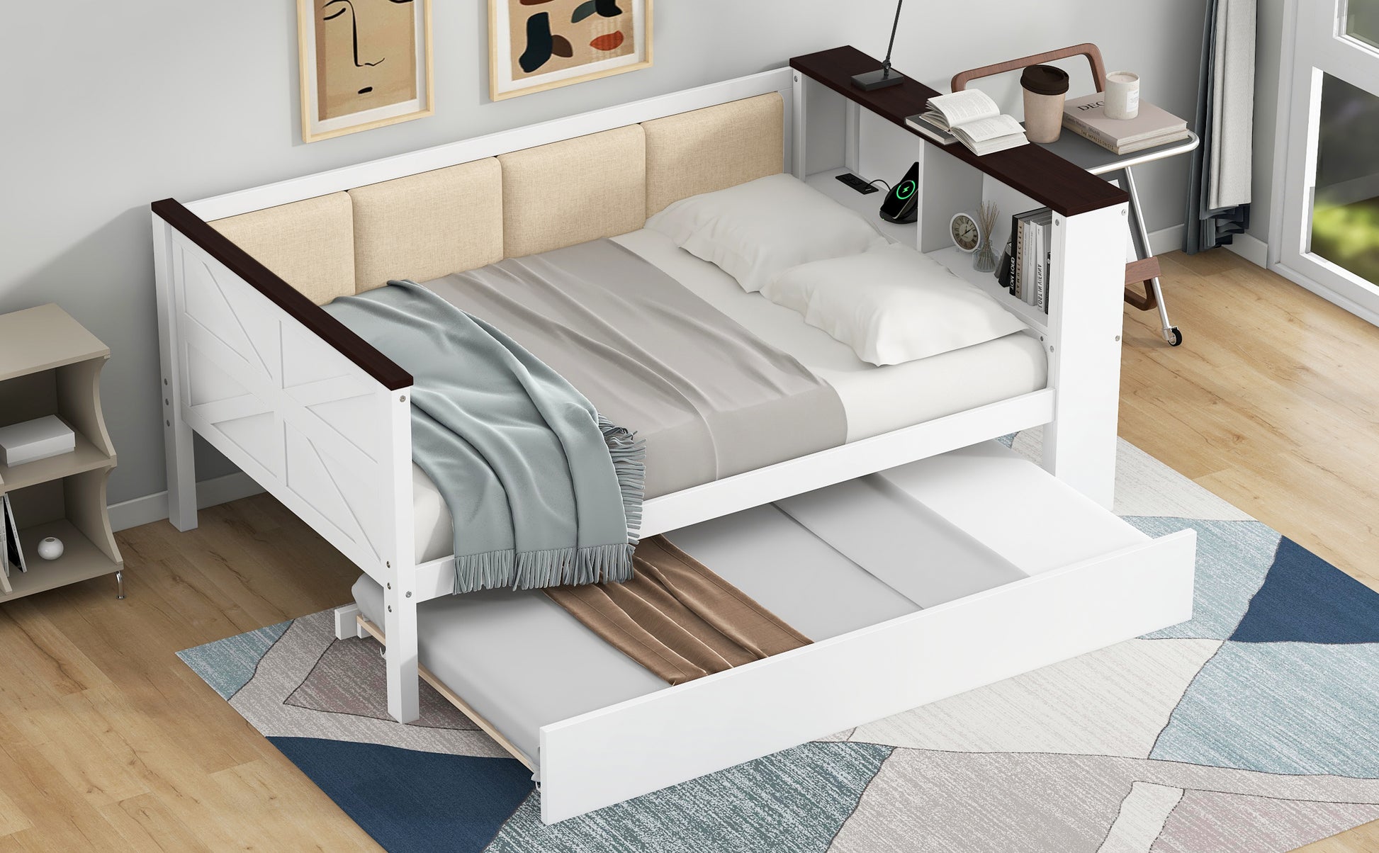 Twin Size Wood Daybed with Storage Shelves White