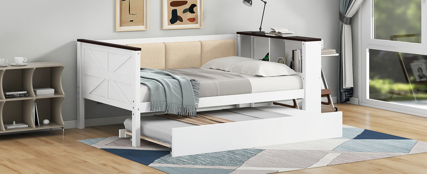 Twin Size Wood Daybed with Storage Shelves White