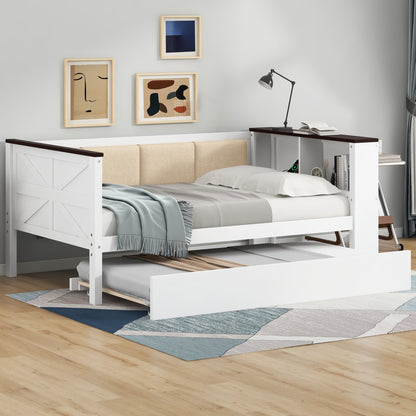 Twin Size Wood Daybed with Storage Shelves, Upholstered Backrest,USB and Trundle, White
