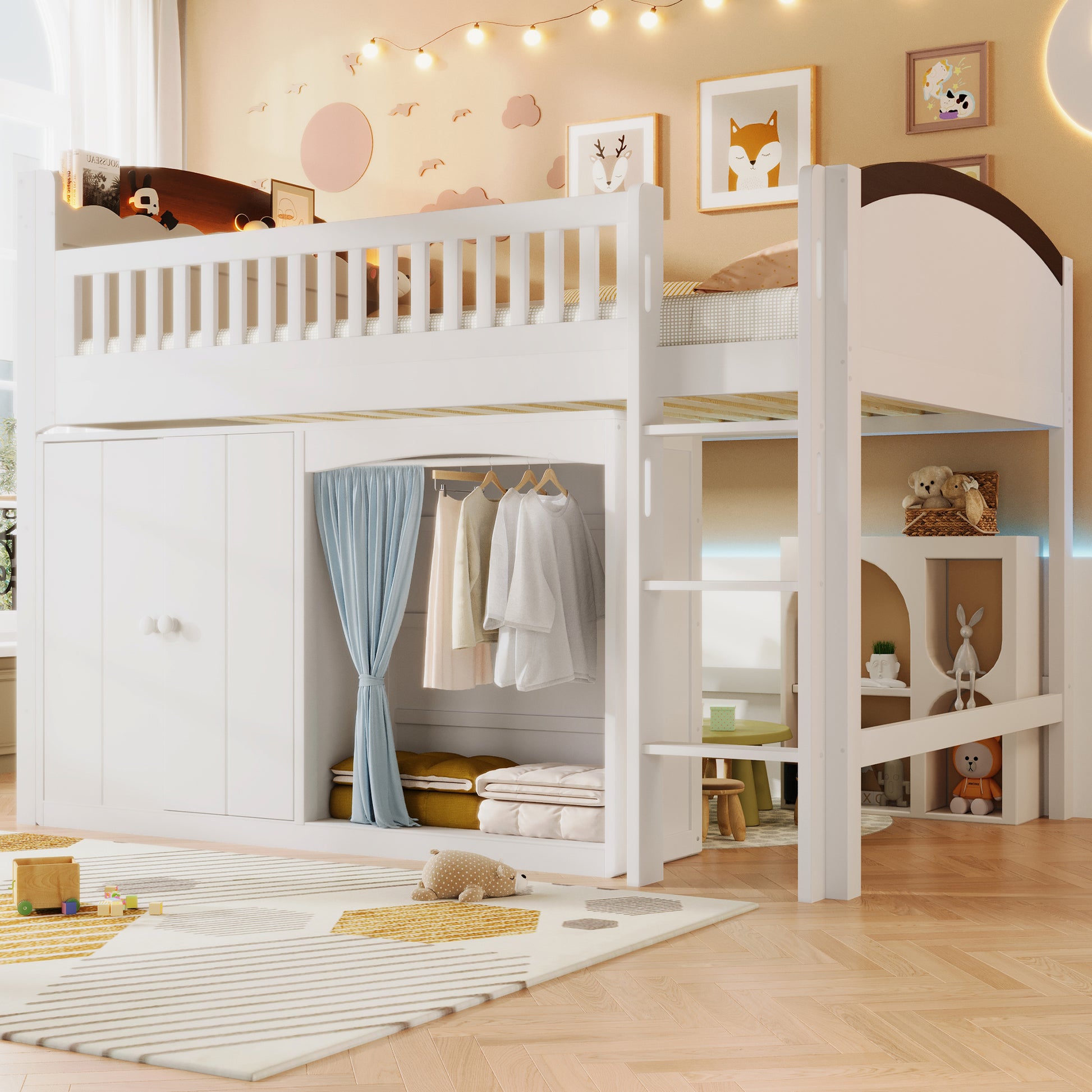 Twin Size Loft Bed with Storage Cabinet, Wardrobe and LED, White and Espresso