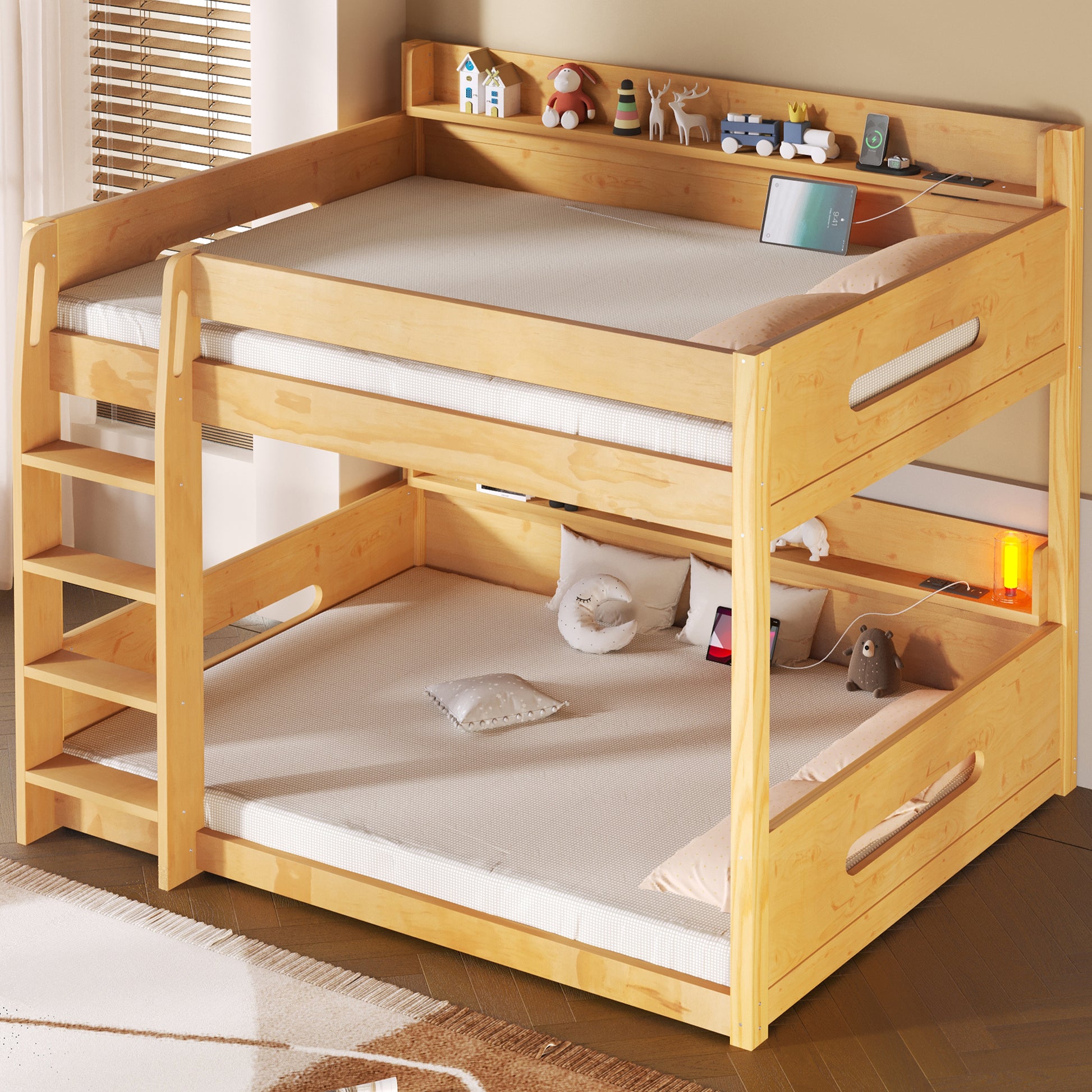 Queen Over Queen Bunk Bed - Storage & USB Ports, Wood for Bedroom