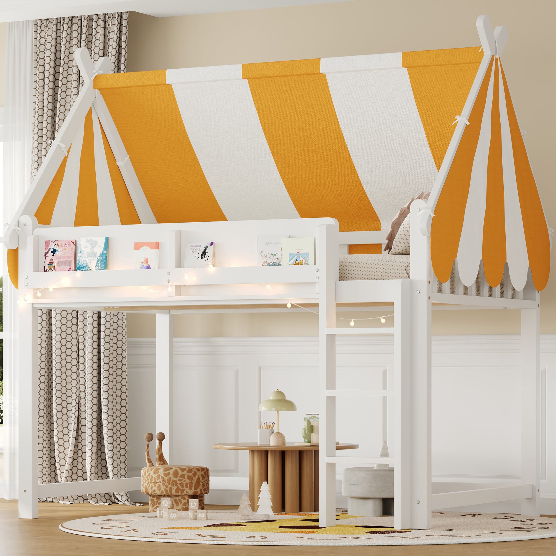 Full Size Loft Bed with Canopy - White & Wood
