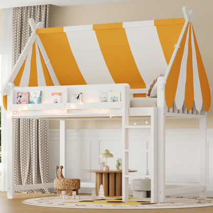 Full Size Loft Bed with Canopy - White & Wood