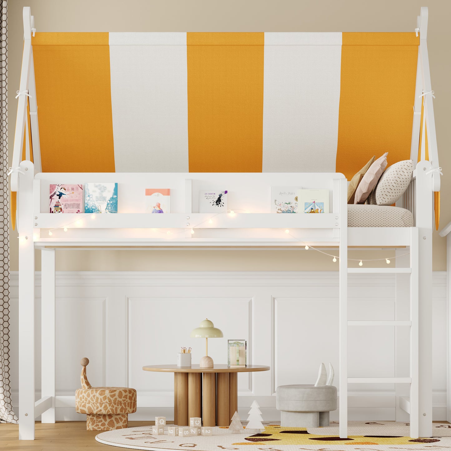 Full Size Loft Bed with Canopy - White & Wood