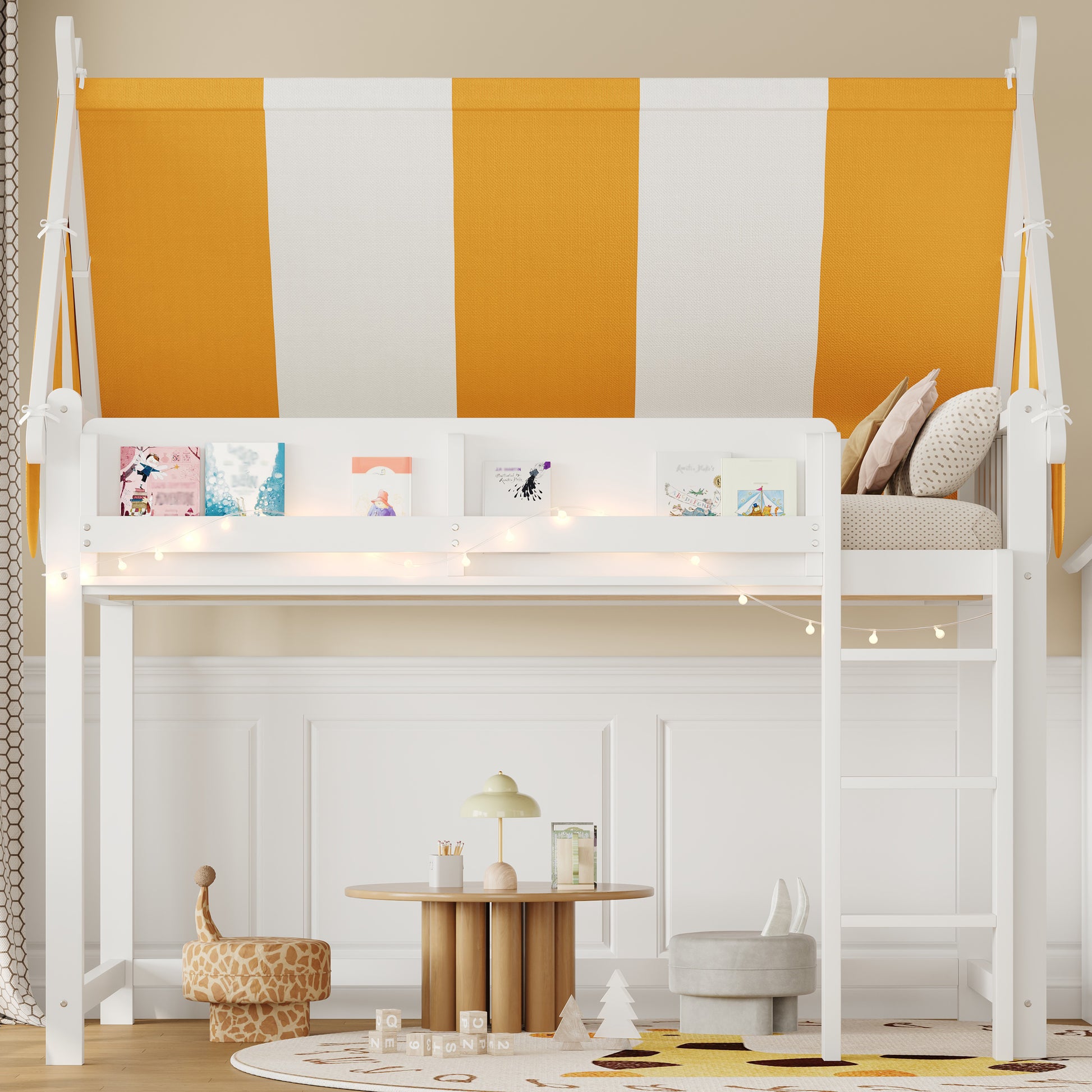 Full Size Loft Bed with Canopy - White & Wood