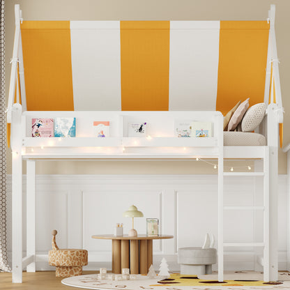 Full Size Loft Bed with Canopy - White & Wood