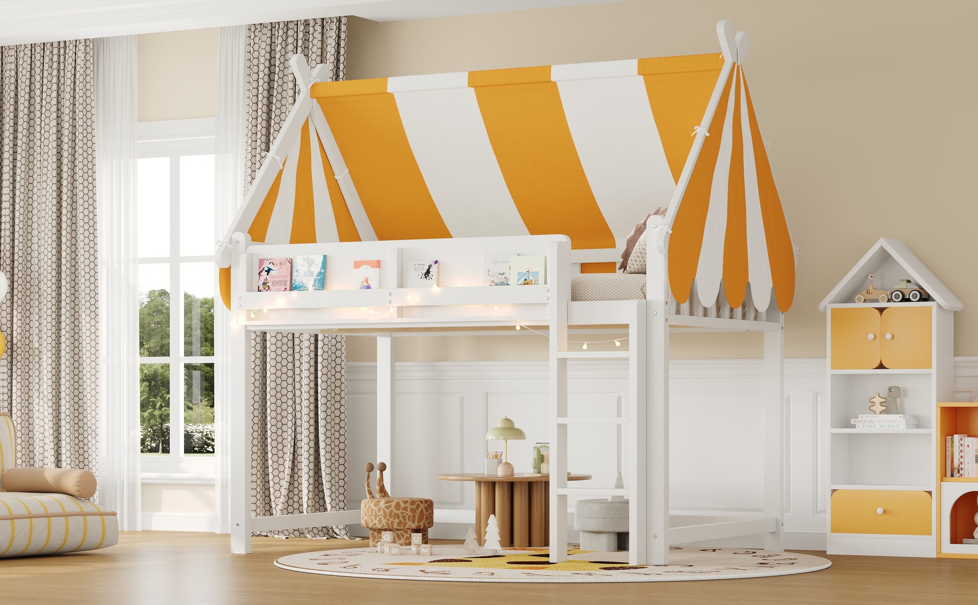 Full Size Loft Bed with Canopy - White & Wood
