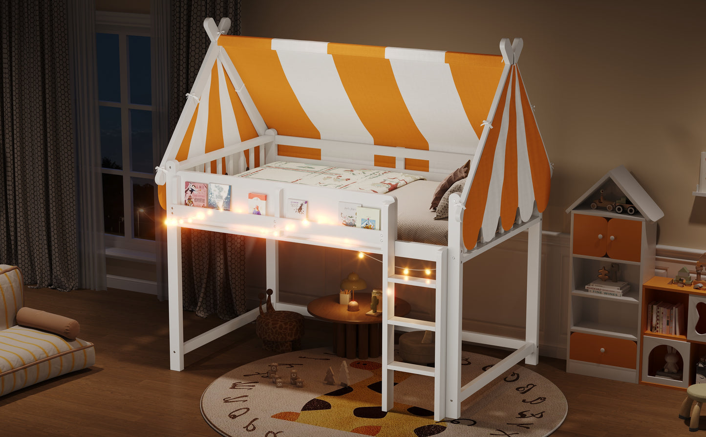 Full Size Loft Bed with Canopy - White & Wood