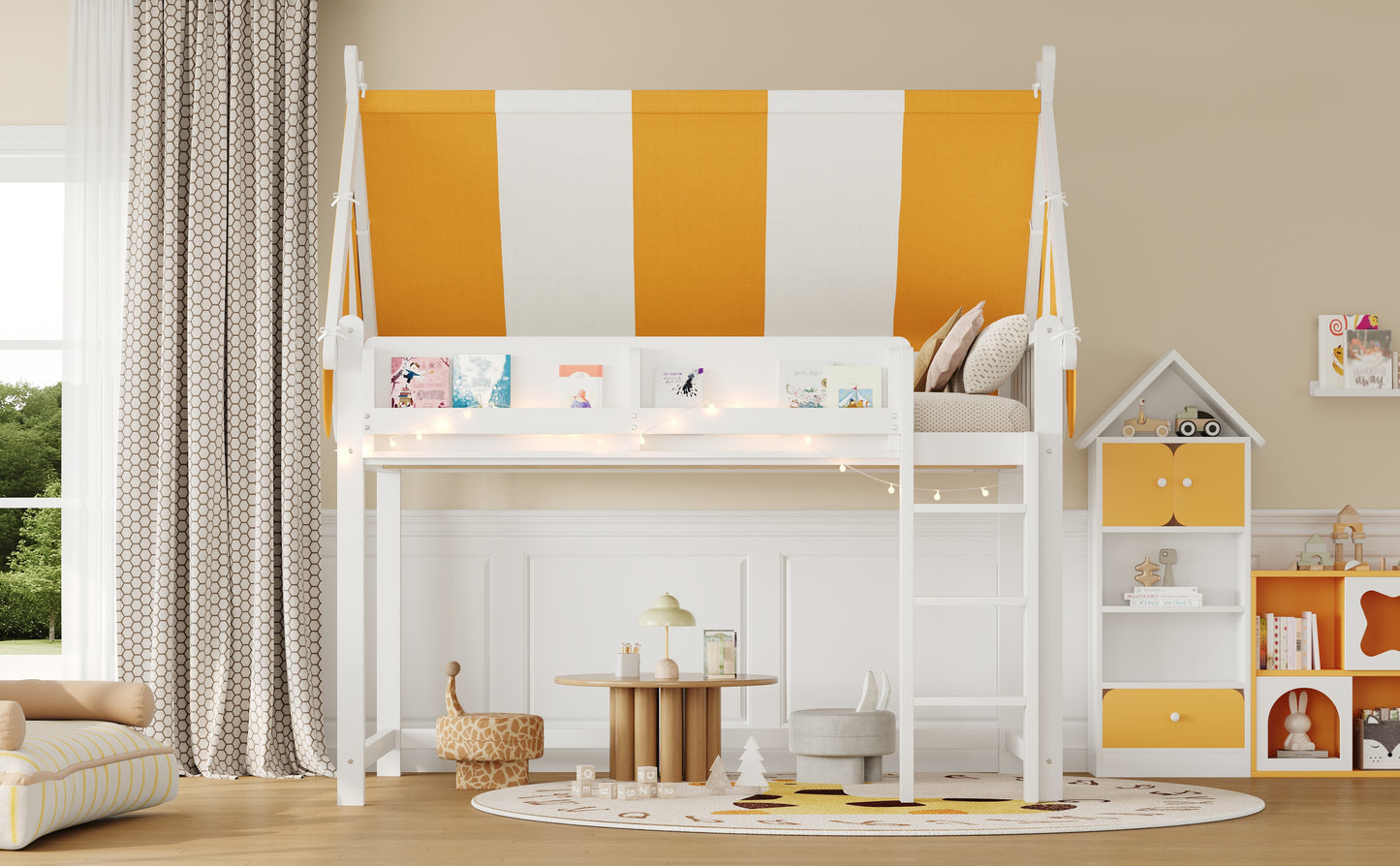 Full Size Loft Bed with Canopy - White & Wood