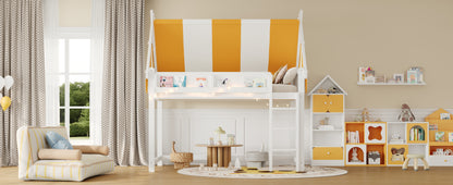 Full Size Loft Bed with Canopy - White & Wood
