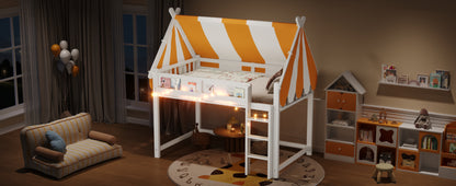 Full Size Loft Bed with Canopy - White & Wood