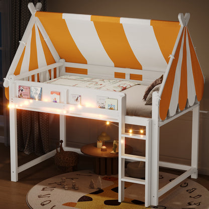 Full Size Loft Bed with Canopy, LED Lights & Book Shelf, White