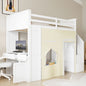 Twin Size Loft Bed with Desk and Lockers, Two Built-in Drawers, Storage Staircase and Curtain, White
