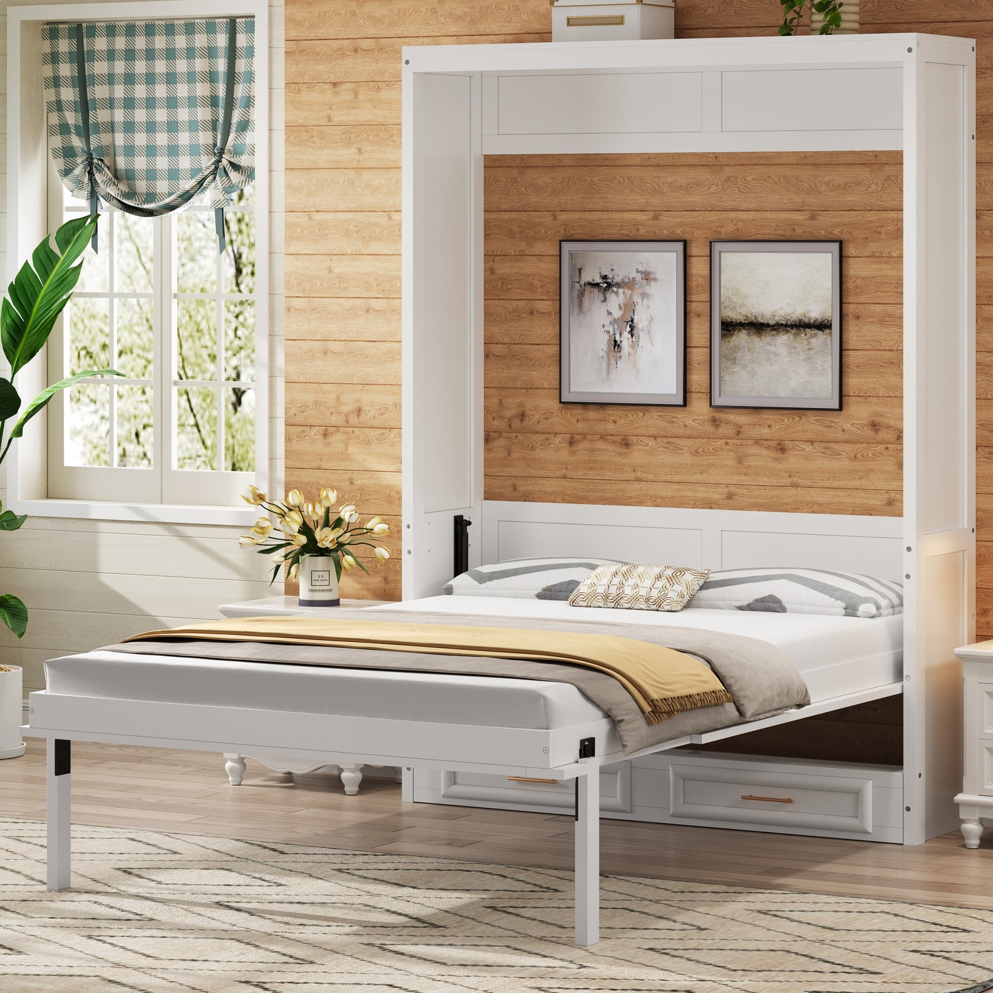 Full Size Murphy Bed with 2 Drawers, Beige