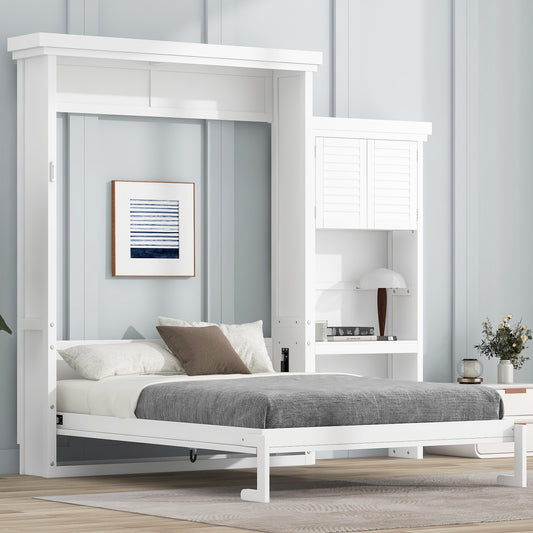 Queen Size Murphy Bed with Multiple Storage Shelves and Louvered Style Decoration, White