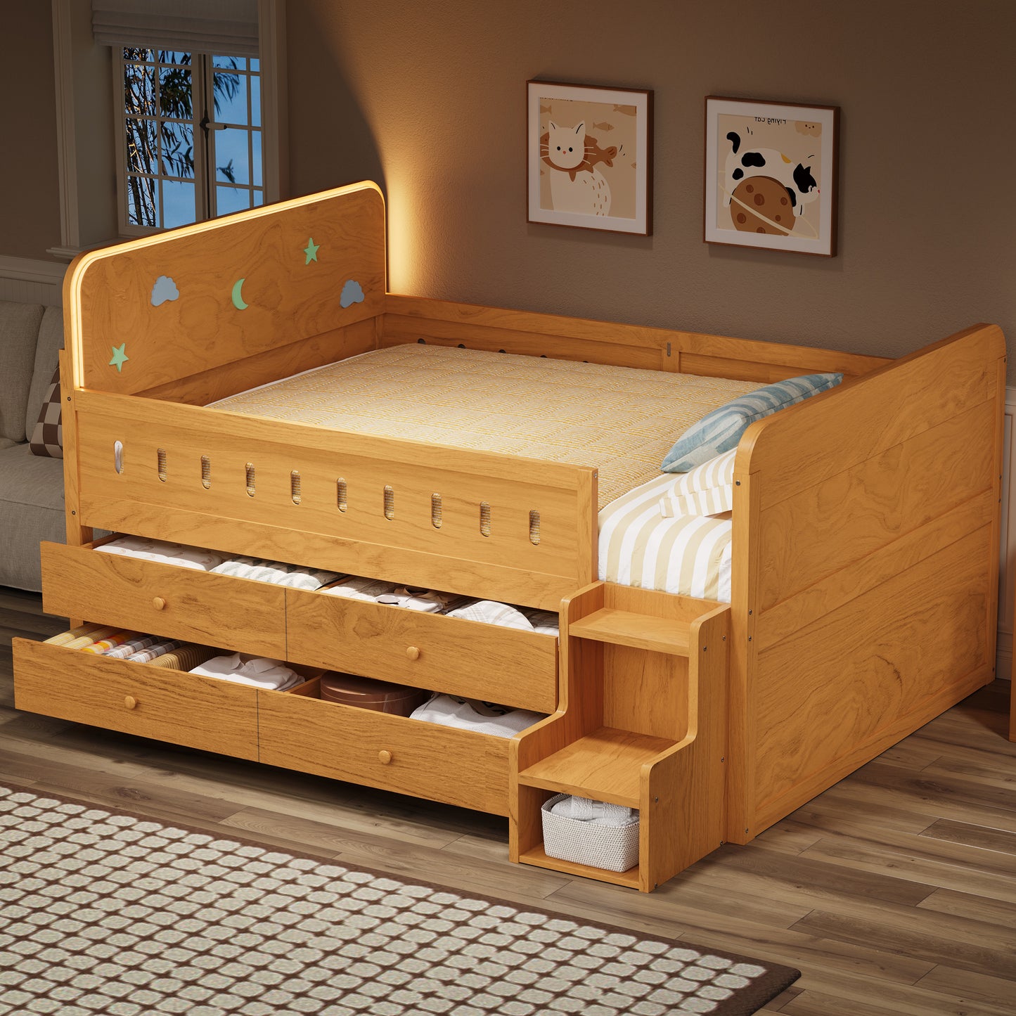 Wooden Full Size Bed with LED Light, Storage Drawers, Wood color