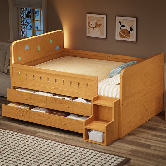 Wooden Full Size Bed with LED Light, Storage Drawers, Wood color