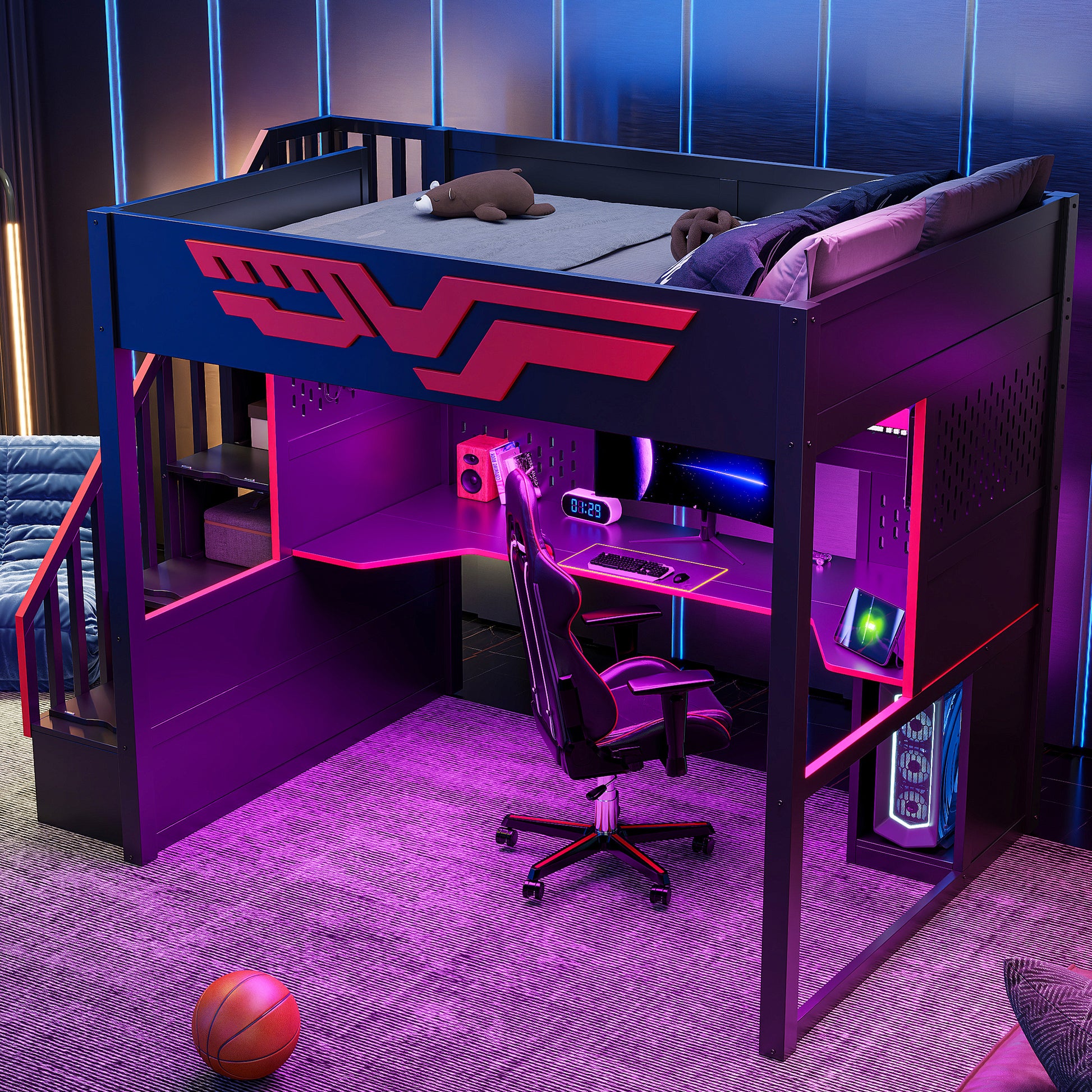 Full Size Gaming Bed with Desk & Storage - Red+Black for Bedroom