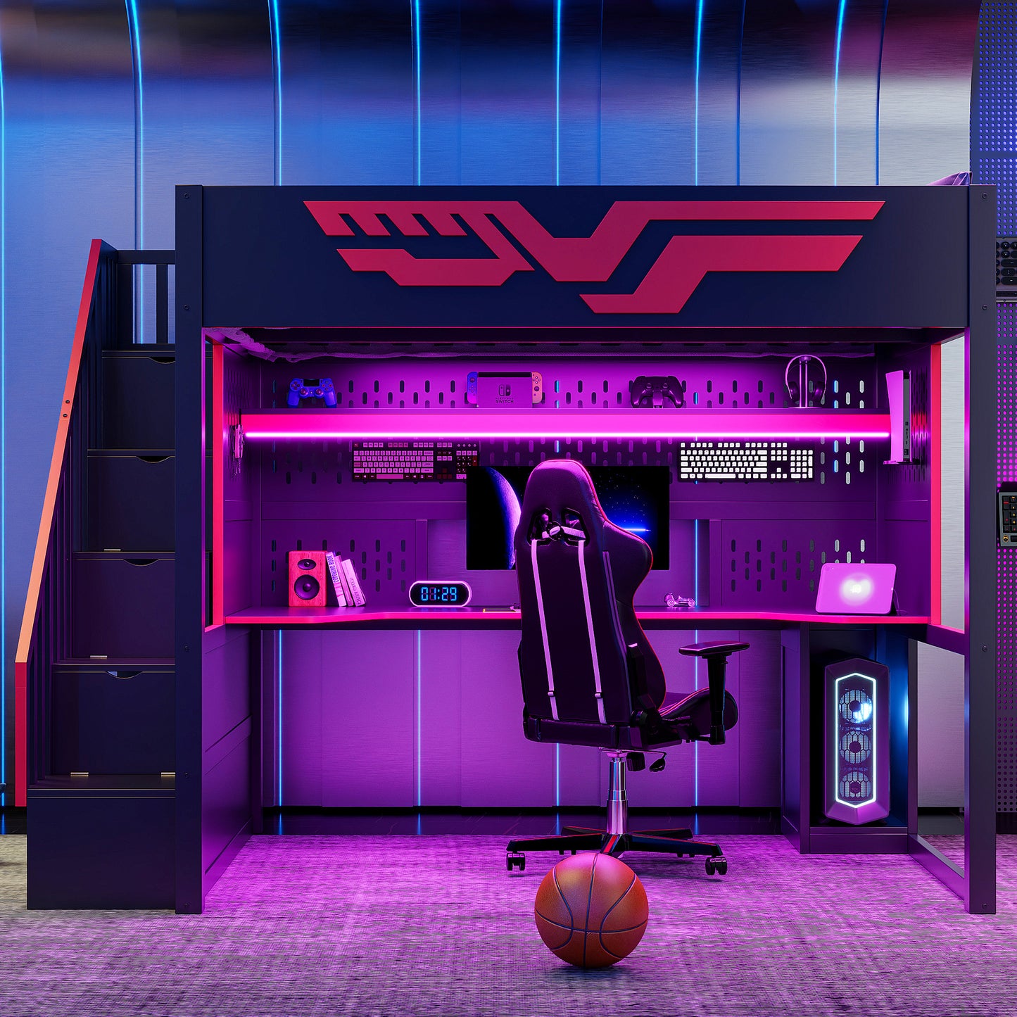 Full Size Gaming Bed with Desk & Storage - Red+Black for Bedroom