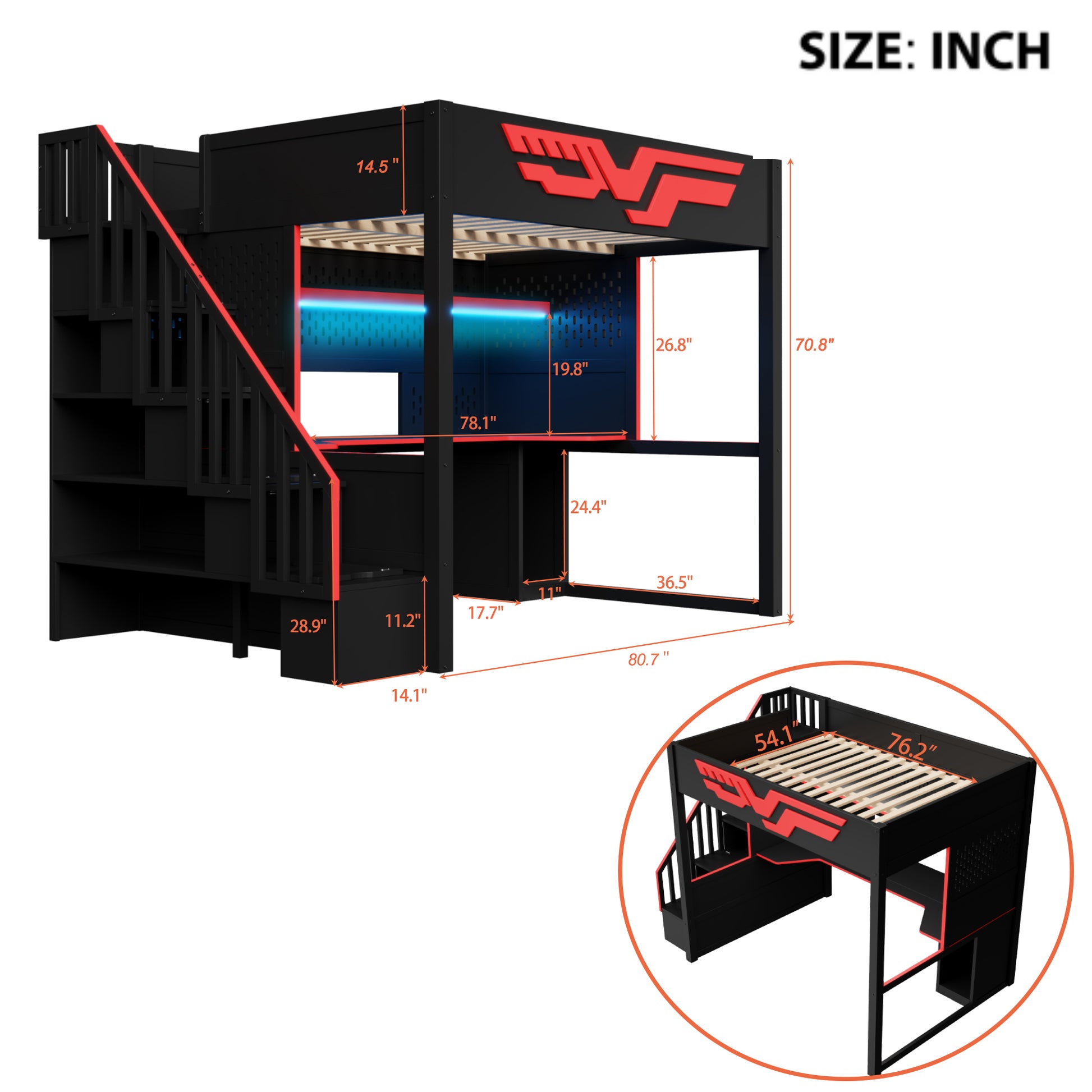 Full Size Gaming Bed with Desk & Storage - Red+Black for Bedroom