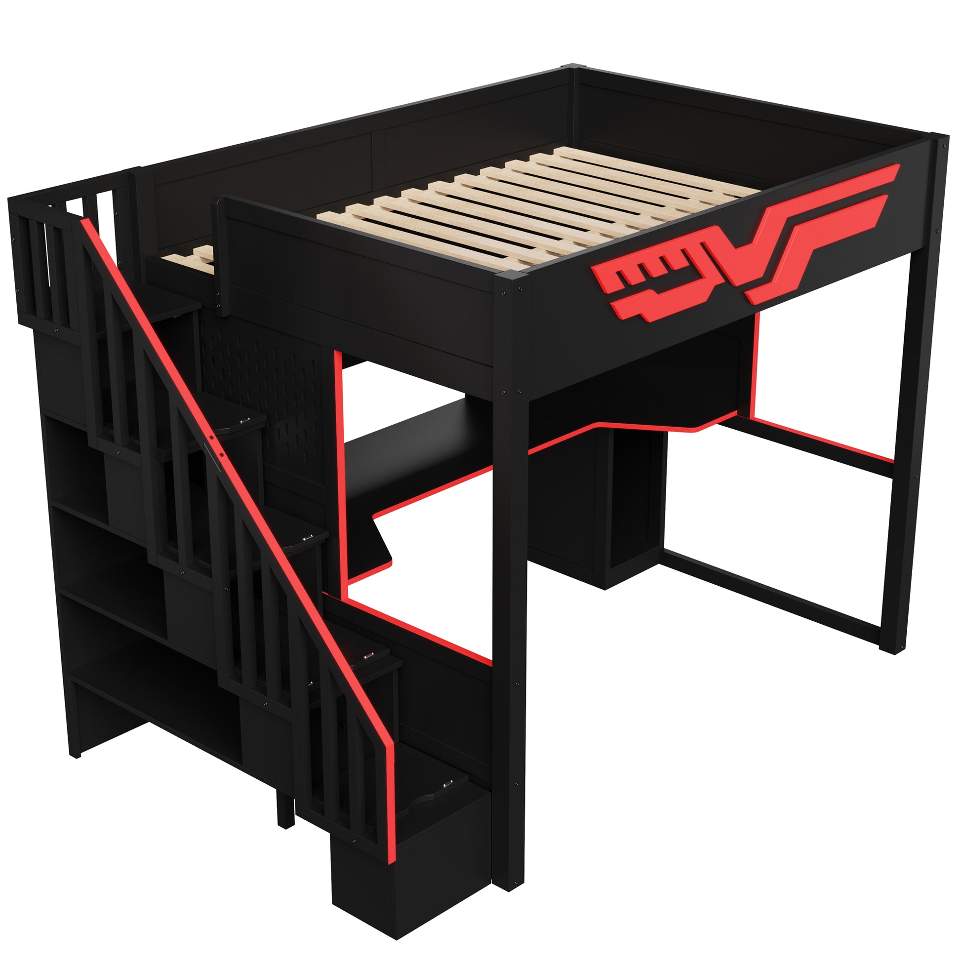 Full Size Gaming Bed with Desk & Storage - Red+Black for Bedroom