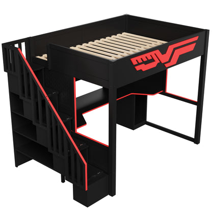 Full Size Gaming Bed with Desk & Storage - Red+Black for Bedroom