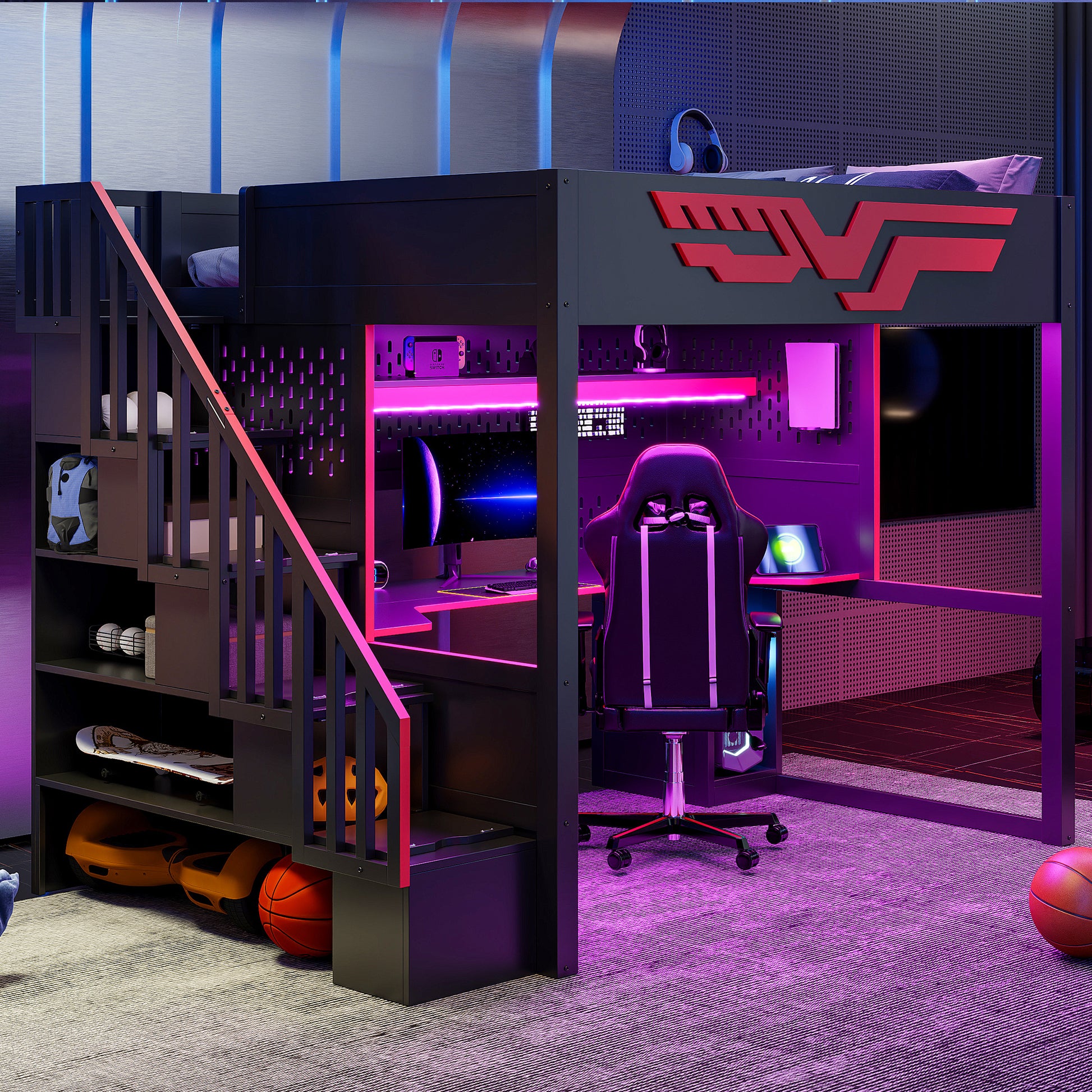 Gaming Loft Bed with Desk and Storage Staircase,LED Lights and USB, Full