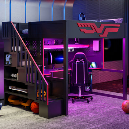 Gaming Loft Bed with Desk and Storage Staircase,LED Lights and USB, Full