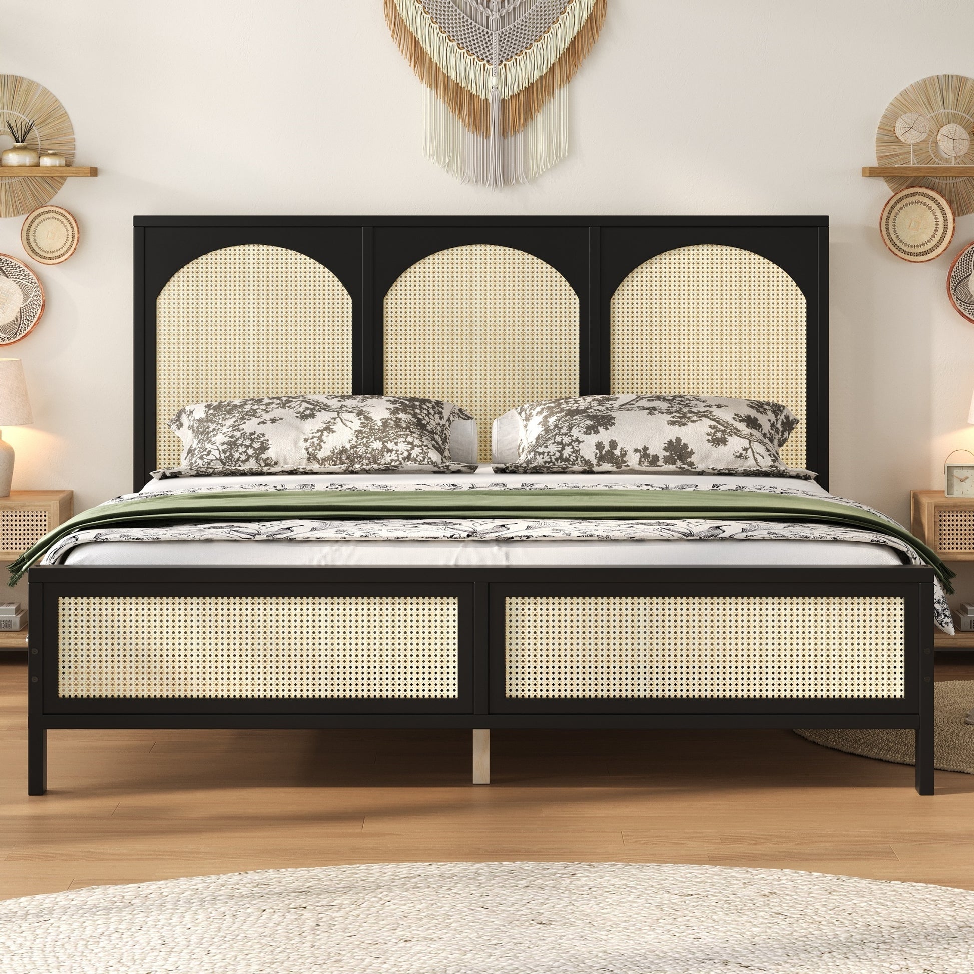 King Size Wood Platform Bed with Rattan Headboard and Footboard, Black+Beige