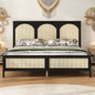 King Size Wood Platform Bed with Rattan Headboard and Footboard, Black+Beige