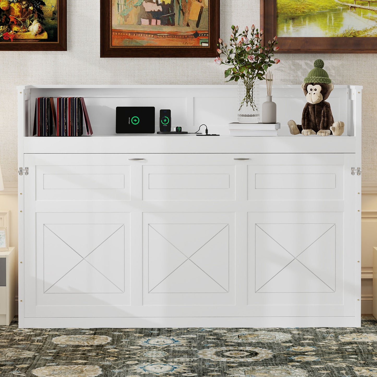 Twin XL Murphy Bed with Desk - White Solid Wood Frame for Bedroom