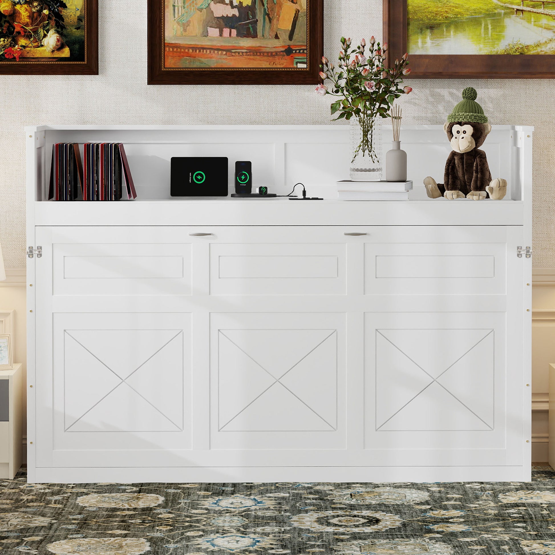 Twin XL Murphy Bed with Desk - White Solid Wood Frame for Bedroom