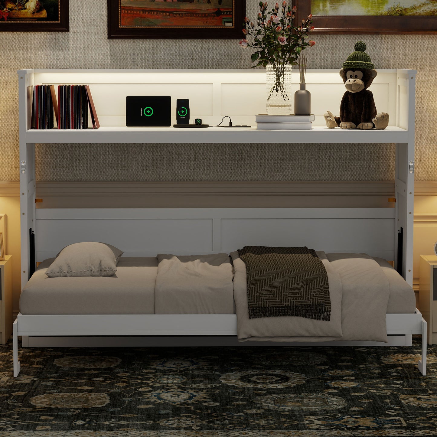 Twin XL Murphy Bed with Desk - White Solid Wood Frame for Bedroom