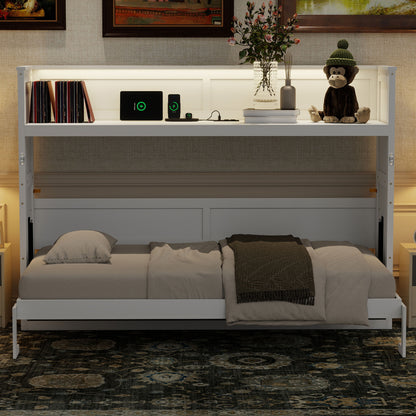 Twin XL Murphy Bed with Desk - White Solid Wood Frame for Bedroom