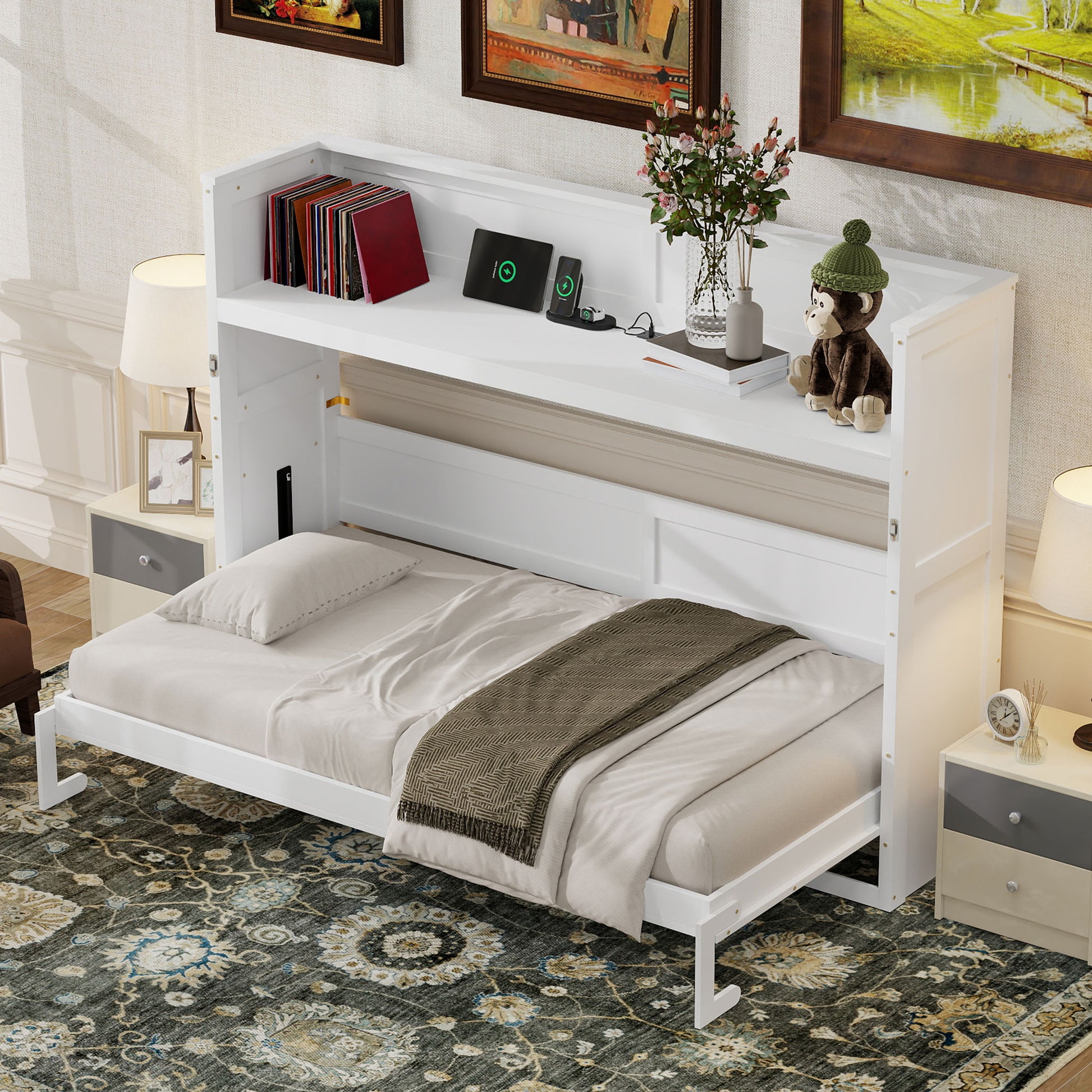 Twin XL Murphy Bed with Desk - White Solid Wood Frame for Bedroom