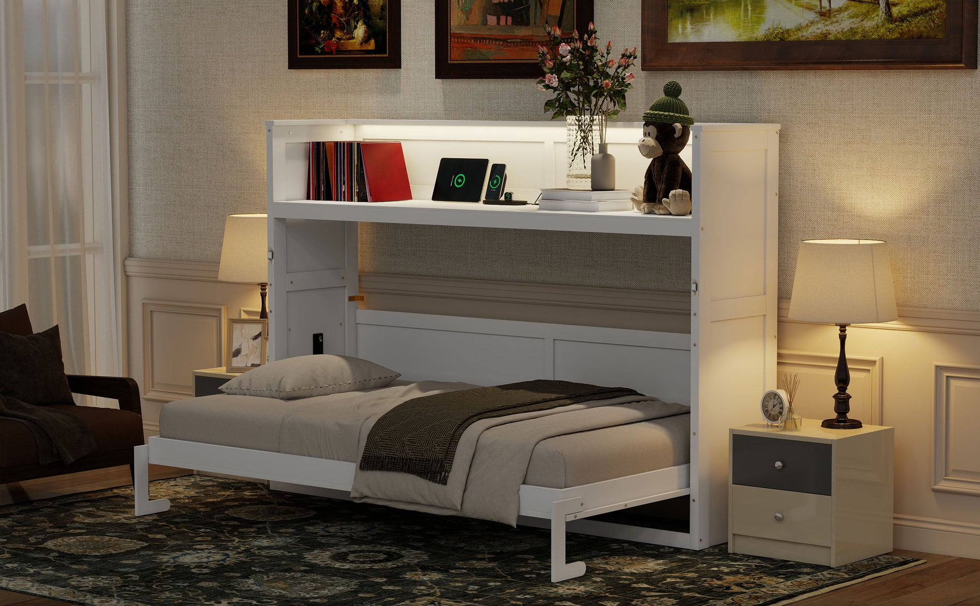 Twin XL Murphy Bed with Desk - White Solid Wood Frame for Bedroom