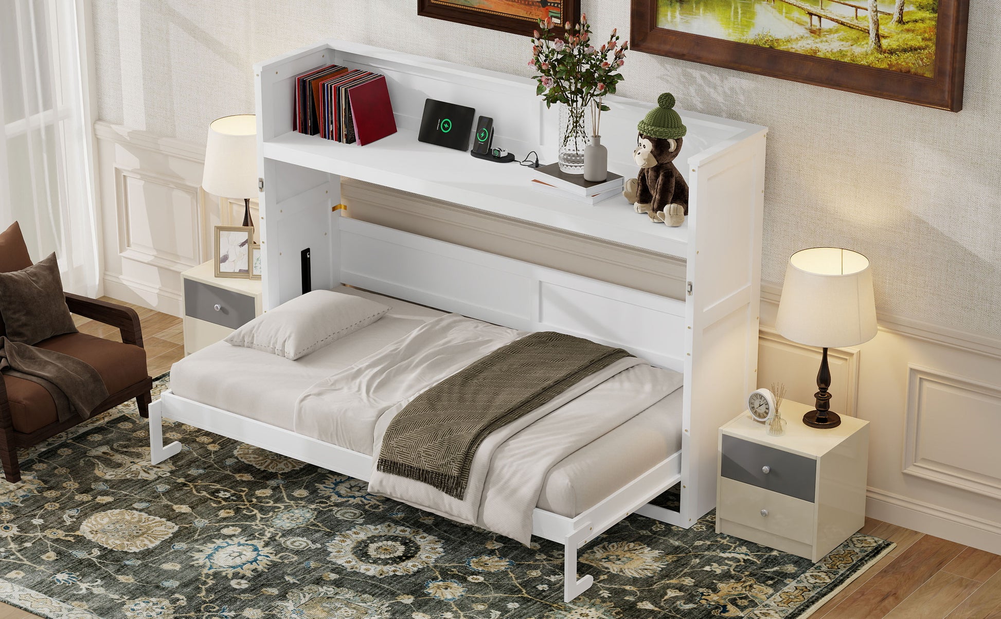 Twin XL Murphy Bed with Desk - White Solid Wood Frame for Bedroom